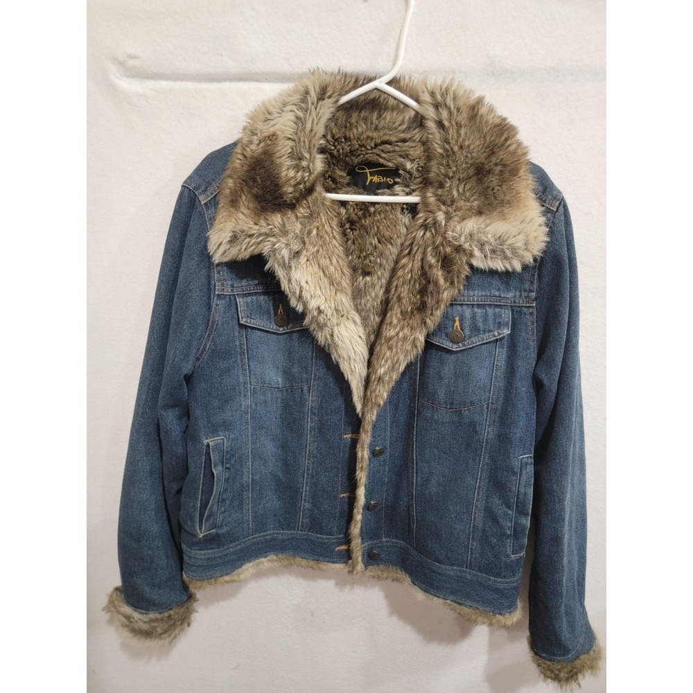 Fabio‎ Faux Fur Lined Denim Jacket Women's Large Blue Y2K Penny Lane Vintage